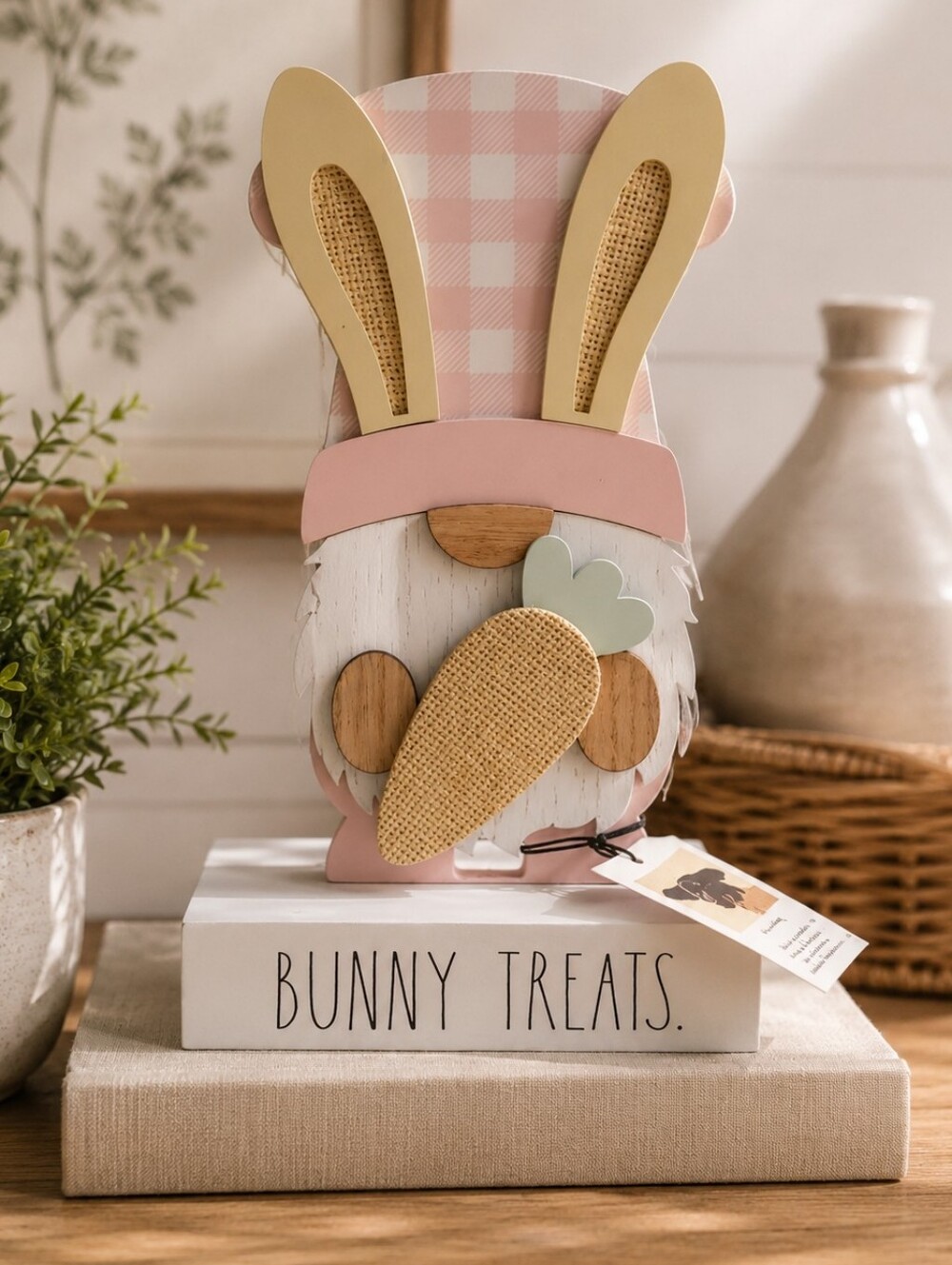 Rae Dunn Pink & White Checkered Bunny Gnome Treats  Wooden Easter Gnome